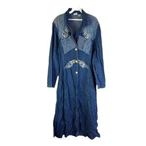 Vintage 80s Long Denim Jean Jacket Floral Lace Contrast Grunge Cottage